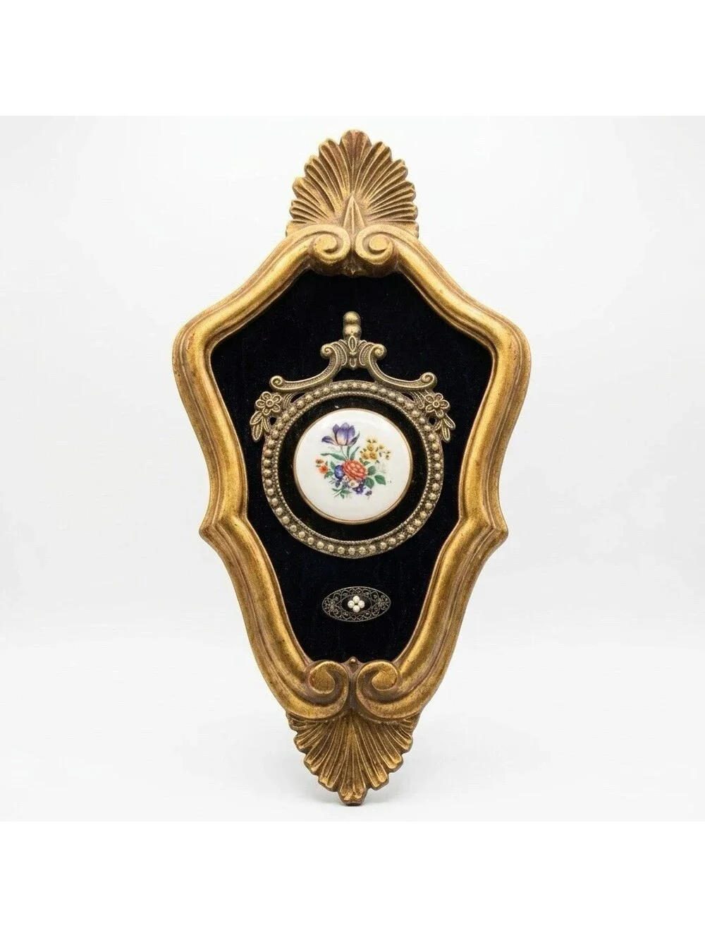 Vintage Italian Style Gold Frame Porcelain Floral Plaque Black Velvet Wall Art